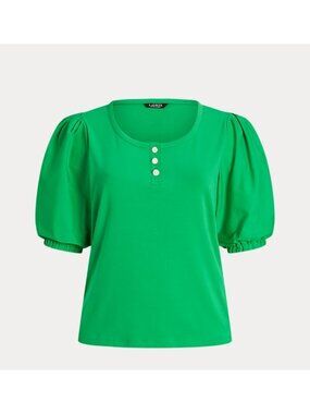 Lauren Ralph Lauren Stretch Green Topaz Cotton Puff Sleeve Henley Tee Womens 1X